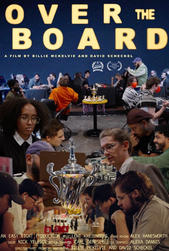 Poster for Over the Board — a silver trophy stands among crowded tables of chess players, the title set in yellow above
