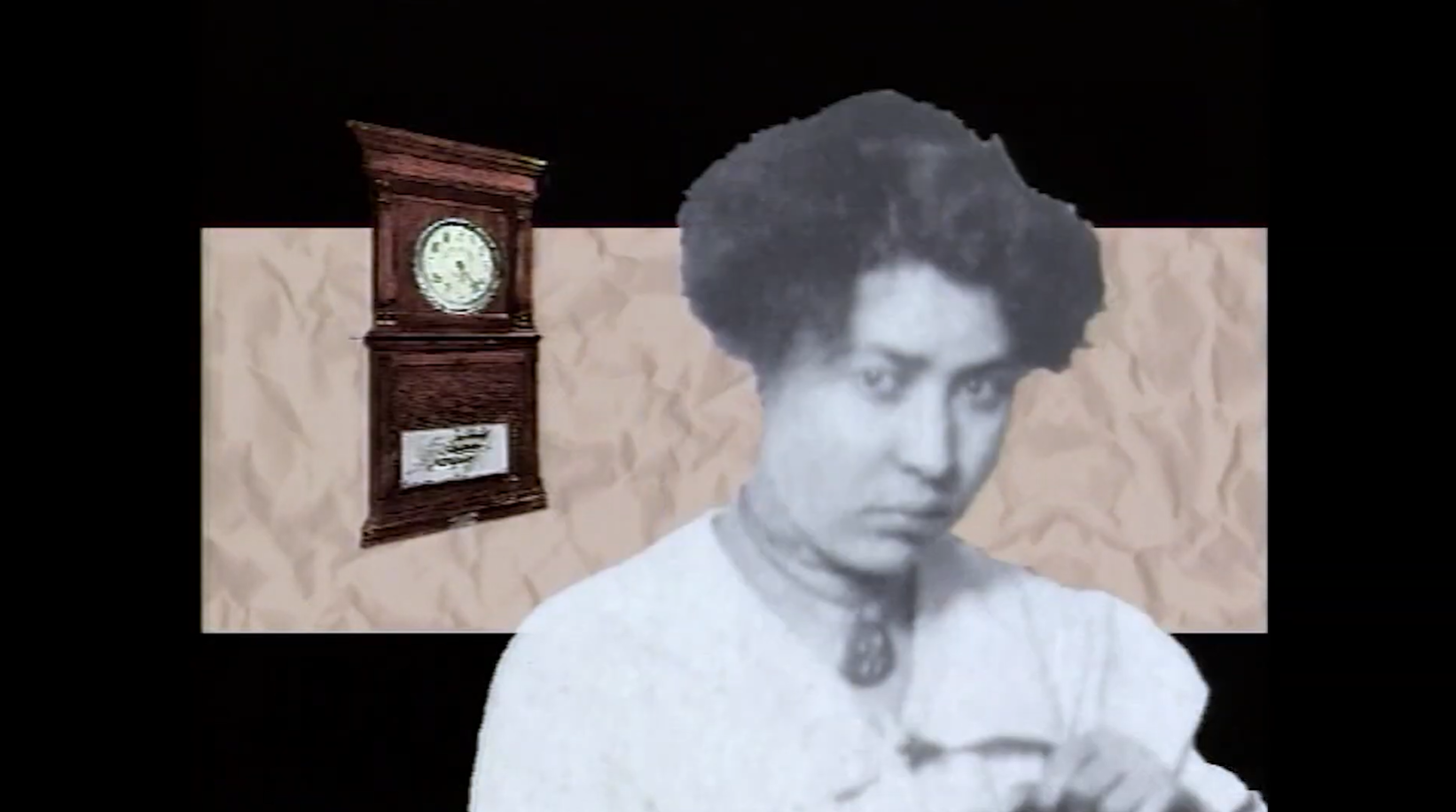 A frame from the Who Built America? CD-ROM: a cut-out archival portrait of a woman over a band of crumpled paper, beside a grandfather clock